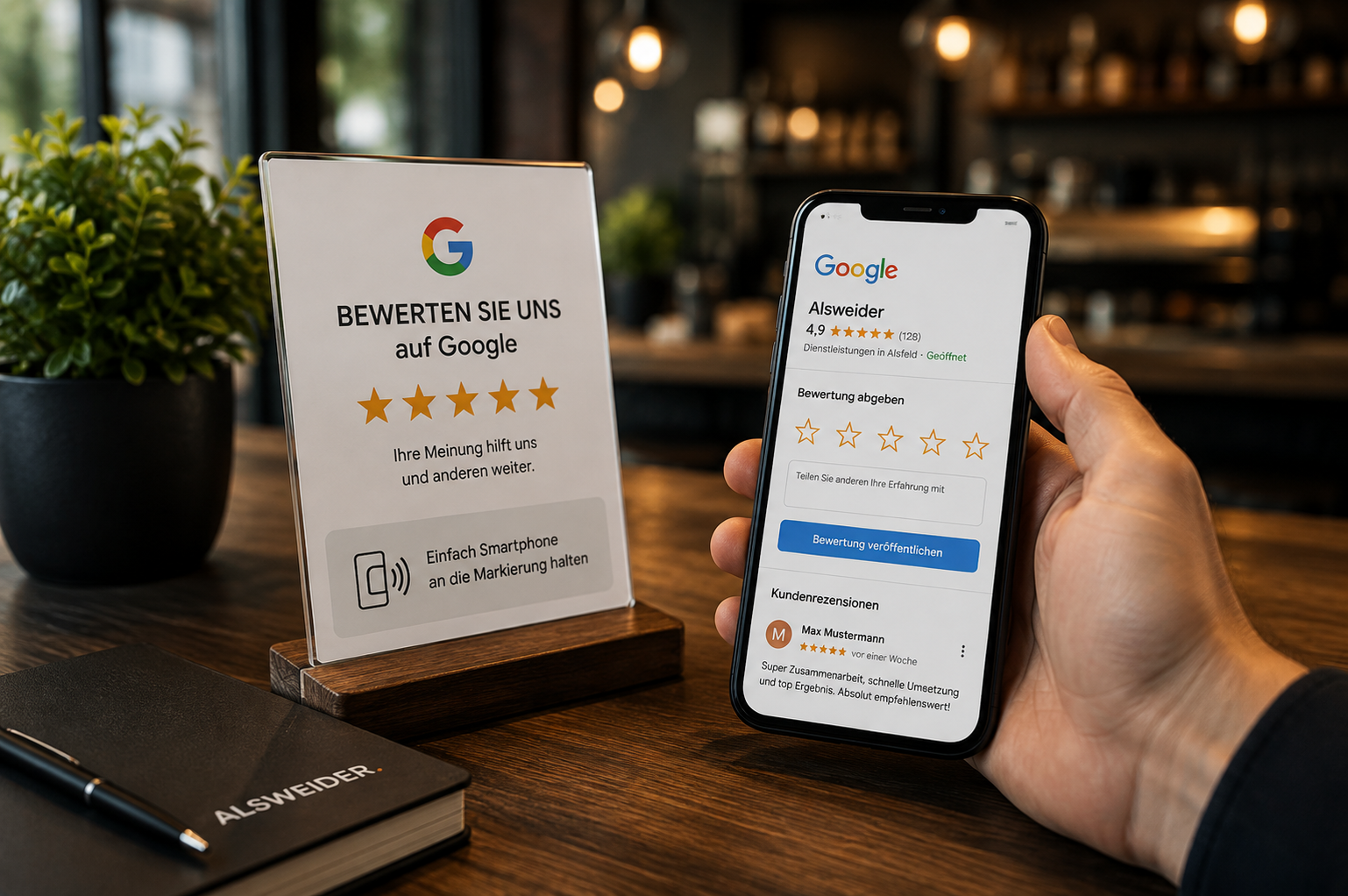 Aufsteller mit QR und NFC neben einem Smartphone, auf dem eine Google-Bewertung abgegeben wird