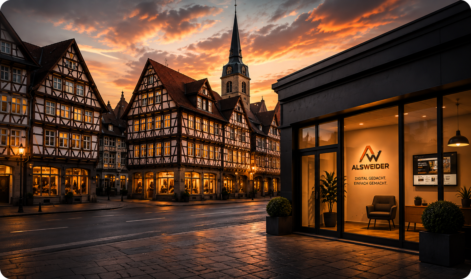 Alsfelder Marktplatz in der Abenddaemmerung mit beleuchtetem ALSWEIDER Ladenlokal