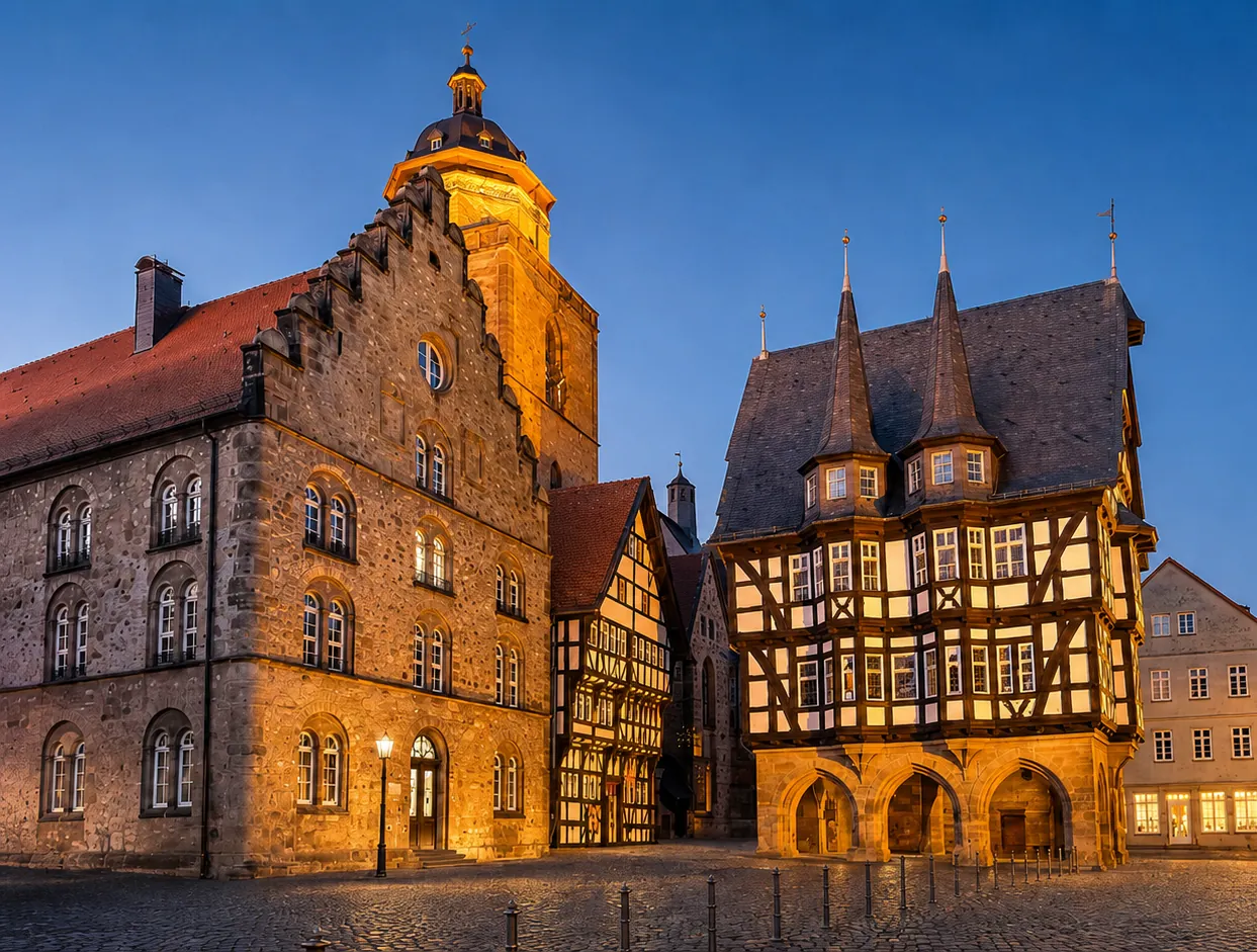 Historischer Marktplatz in Alsfeld mit Rathaus und Fachwerkhäusern im warmen Tageslicht