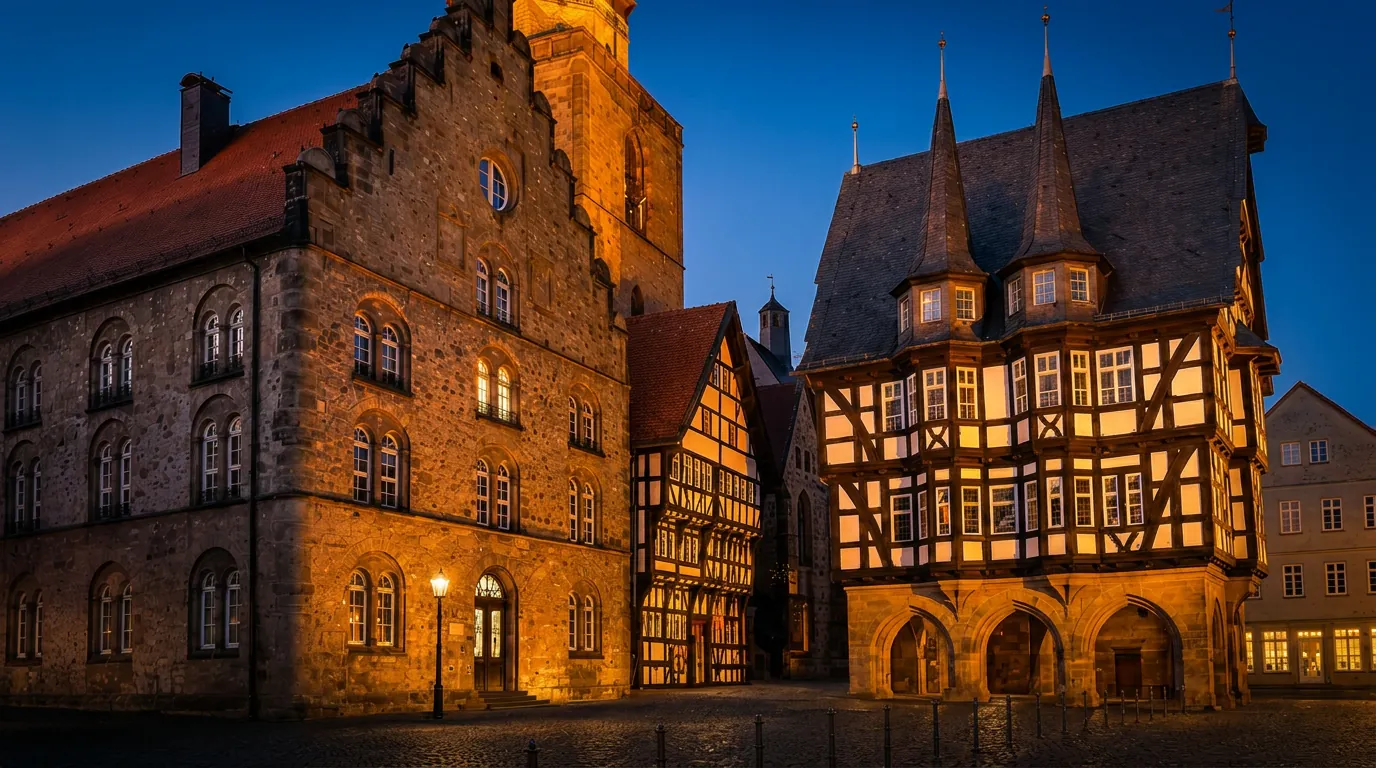 Alsfelder Marktplatz in der Abenddaemmerung mit Rathaus und beleuchteten Fachwerkhaeusern